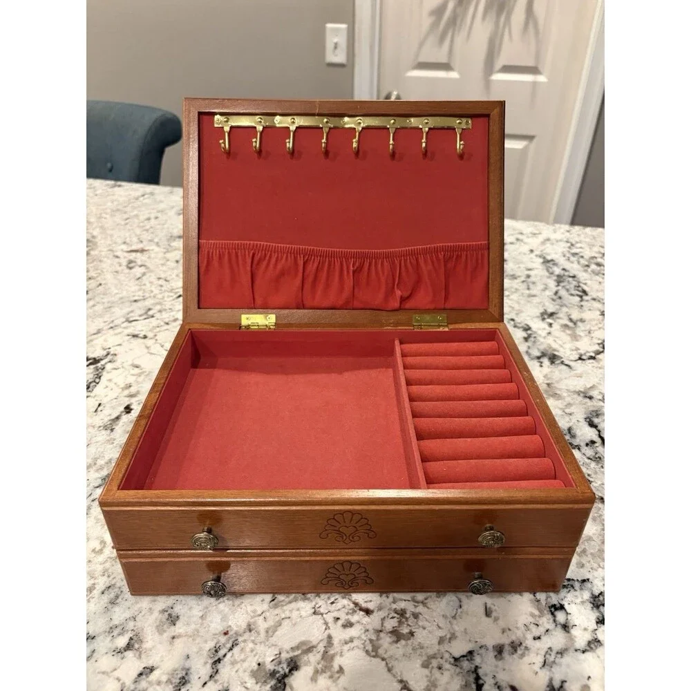 Vintage Floral Tapestry Top Wood Hinged Jewelry Box Pink Velvet Lining Drawer